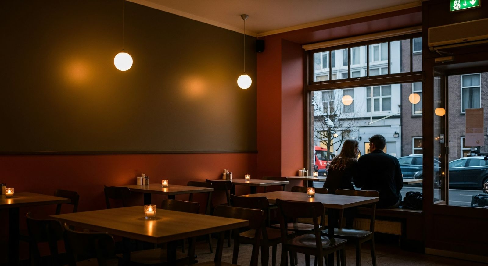 La salle du restaurant le soir, tables dressées et lumière tamisée